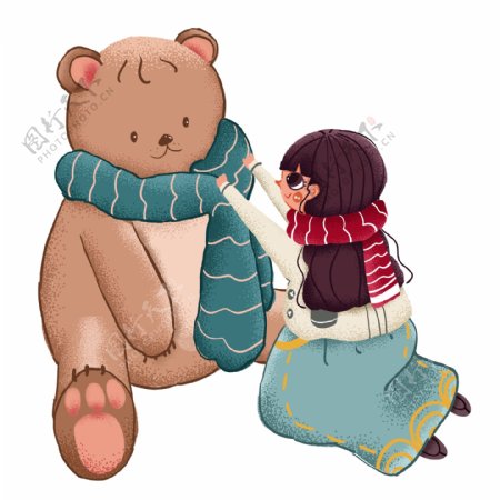 手绘可爱女孩抱着玩具熊原创元素