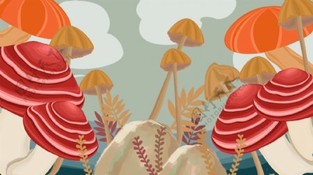 手绘卡通草地蘑菇插画背景设计