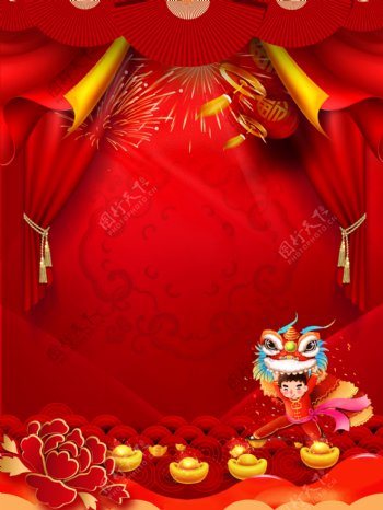 2019猪年春节舞狮喜庆背景设计