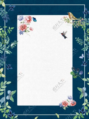 绿叶边框深蓝底纹花朵喜鹊背景素材