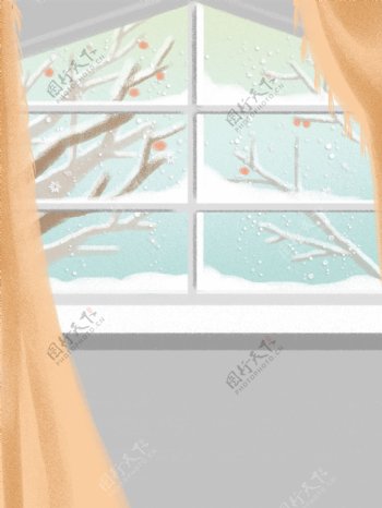 手绘窗外的枯树立冬节气背景素材