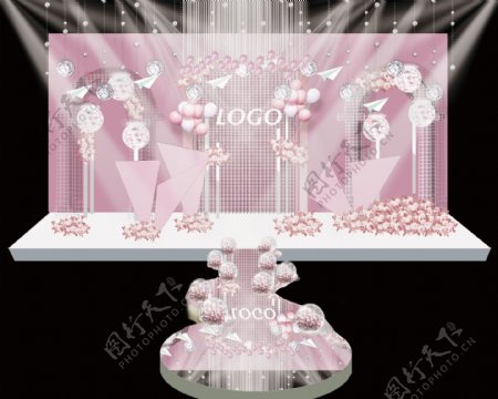 粉色曲线舞台气球三角婚礼效果图