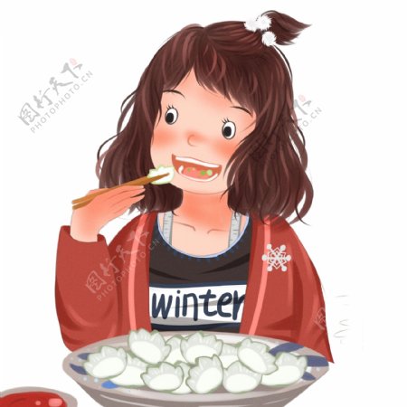 彩绘冬至大口吃饺子的女孩人物设计