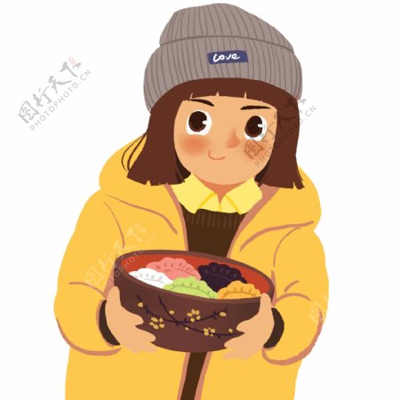 彩绘冬至捧着一碗饺子的女孩