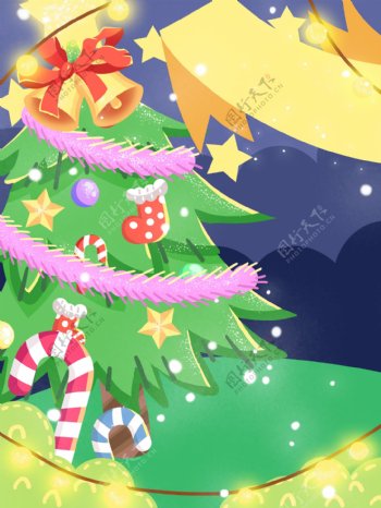 手绘圣诞节之圣诞树铃铛背景素材