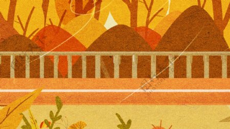 手绘树林里的秋天风景背景素材