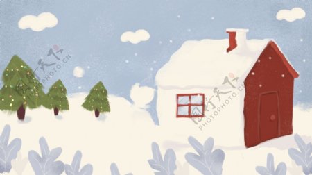 手绘冬天里的雪屋背景素材