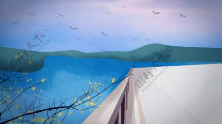 手绘水彩河流大桥背景素材