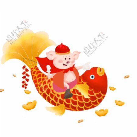 喜庆中国风骑着锦鲤拿着鞭炮过年的小猪