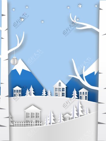 剪纸风蓝色冬季雪地背景