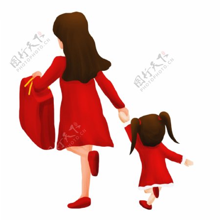 喜庆红色回家过年的母女俩人物设计