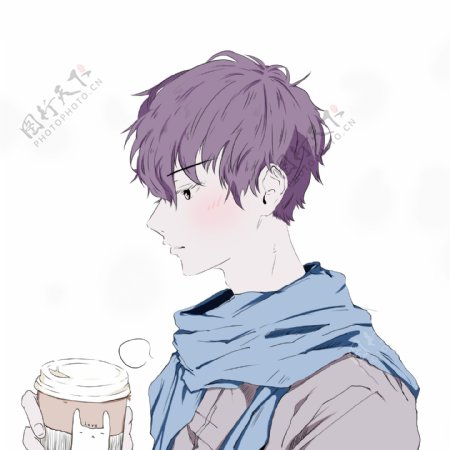 日系漫画风冬季拿着咖啡的少年