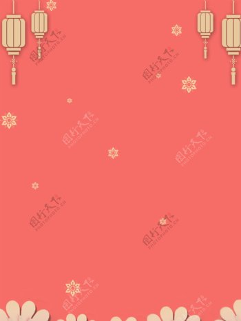 珊瑚红灯笼雪花新年背景设计