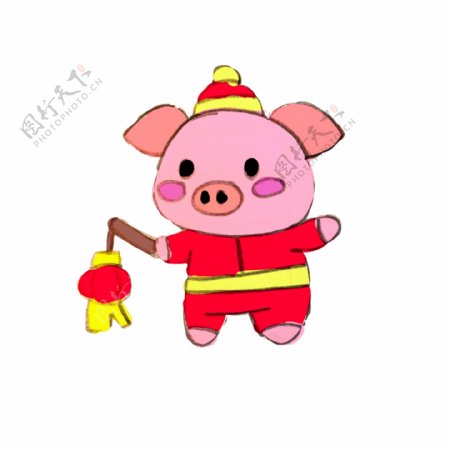 卡通粉色小猪红色灯笼贺新年