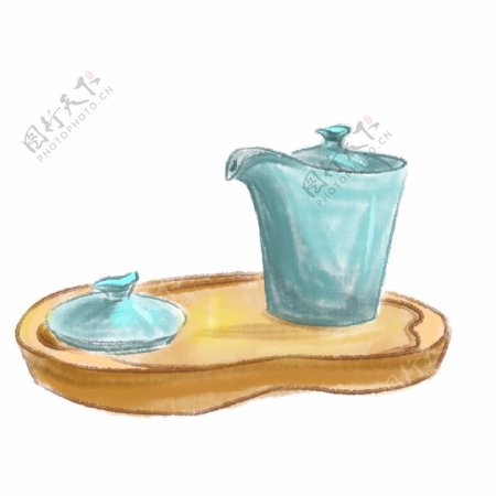 彩绘蓝色茶壶插画