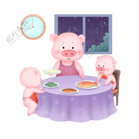 可爱小猪卡通漫画吃饺子