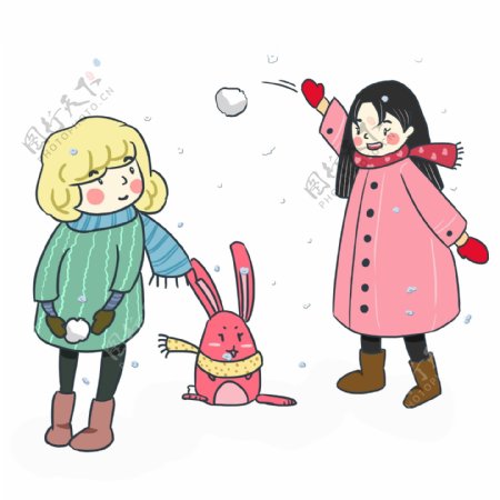暖冬童话少女风卡通手绘雪地里玩耍