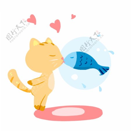 浪漫情人节小猫和小鱼手绘插画
