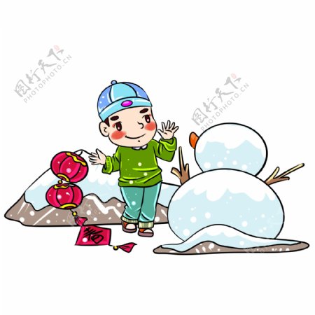 农历新年雪人手绘插画