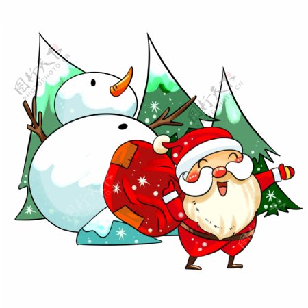 圣诞节圣诞老人送礼物大雪人手绘插画