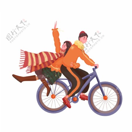 手绘骑自行车的情侣人物设计