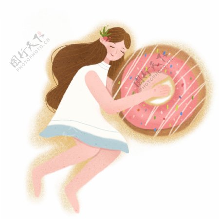 卡通小清新抱着甜甜圈的女孩