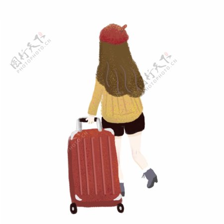 手绘清新小插画可爱精致元素拖行李回家女孩