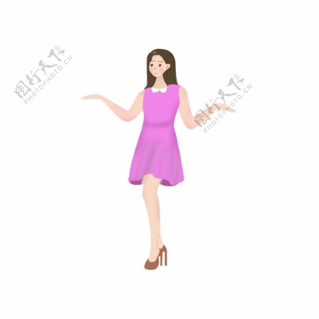 紫粉色长裙的女子教师长发可爱站立高跟鞋