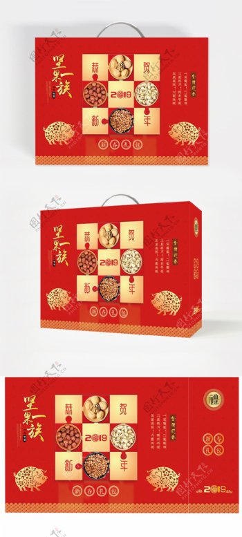 大红色坚果新年礼包主题包装设计
