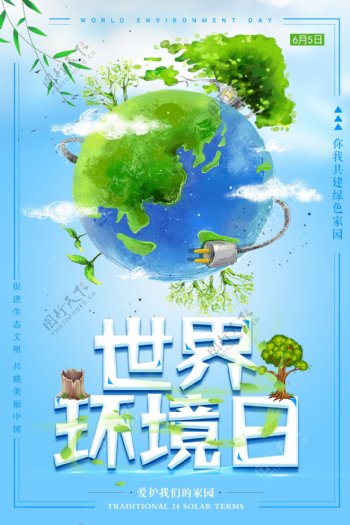 时尚清新世界环境日爱护地球环保海报