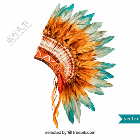 水彩绘印第安酋长帽