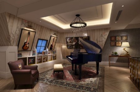 欧式客厅钢琴效果图3D模型