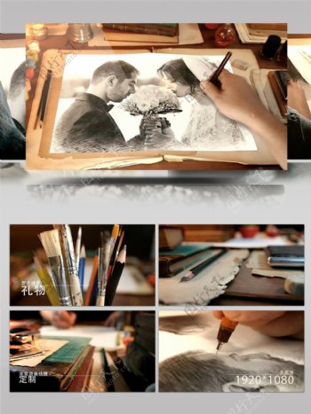艺术创意钢笔手绘素描展示婚礼照片AE模板