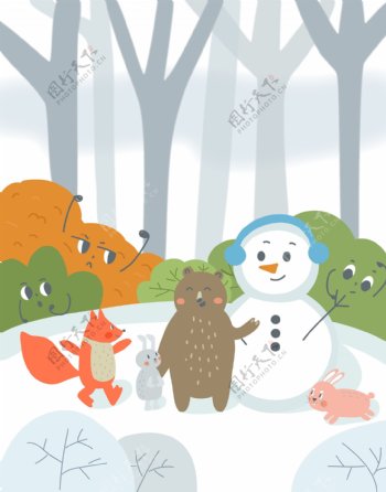 原创冬天动物雪人插画
