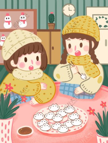 扁平小清新冬至在家吃饺子的小女孩吃饺子
