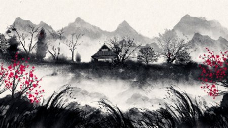 唯美中国复古水墨画风景画中国水墨插画