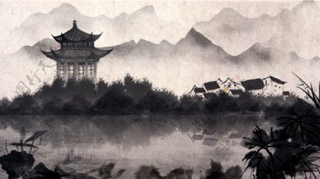 原创唯美古风中国风水彩画水墨画山水插画
