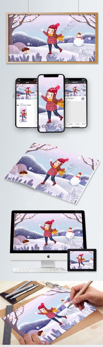 节气大雪森林女孩和雪人插画