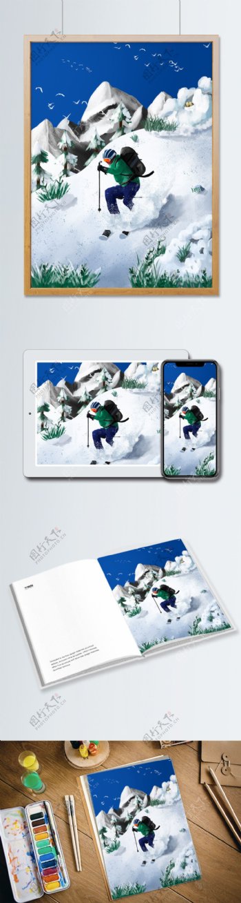 晴空雪山极限滑雪写实插画