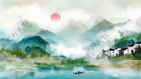 复古水彩画中国水墨画风景画中国水墨插画