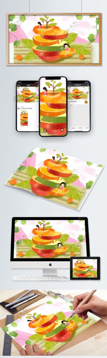 混搭创意女孩玩耍叶子苹果橘子梨子壁纸