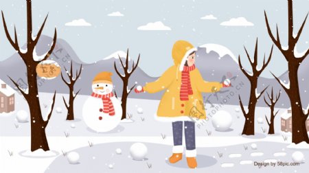 小清新立冬节气雪人与女孩插画