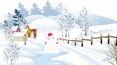 唯美小清新立雪冬季雪景雪人立冬小雪插画