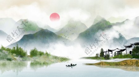 唯美古风中国风水彩画水墨画水彩画插画