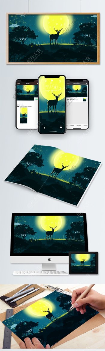 治愈森林与鹿夜晚在月光下的鹿插画海报配图
