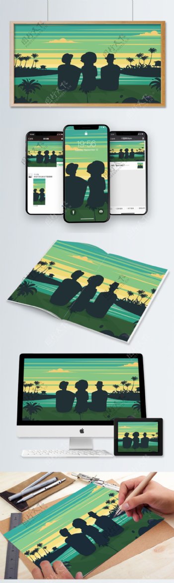 夏天旅游插画夕阳背影热带风景河水椰子树