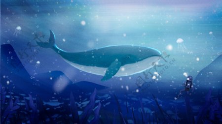 手绘治愈系深海遇鲸插画