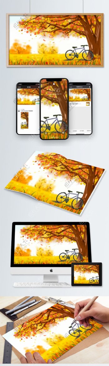 秋天里的大树与自行车原创插画