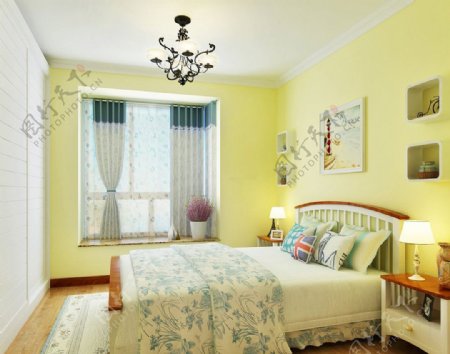 女孩卧室黄色墙面装潢装修效果图