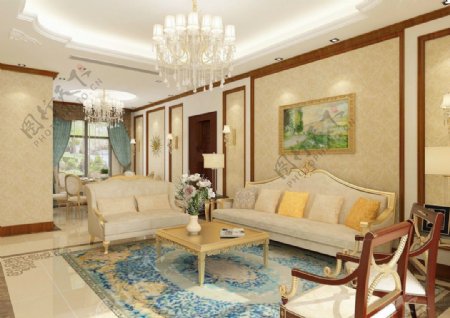 2017两室两厅简约客厅沙发地毯效果图